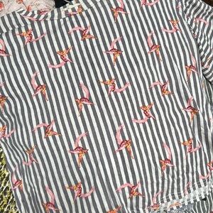 Duets Women's Stripe Floral Puff Sleeve Crew Blouse Size Medium